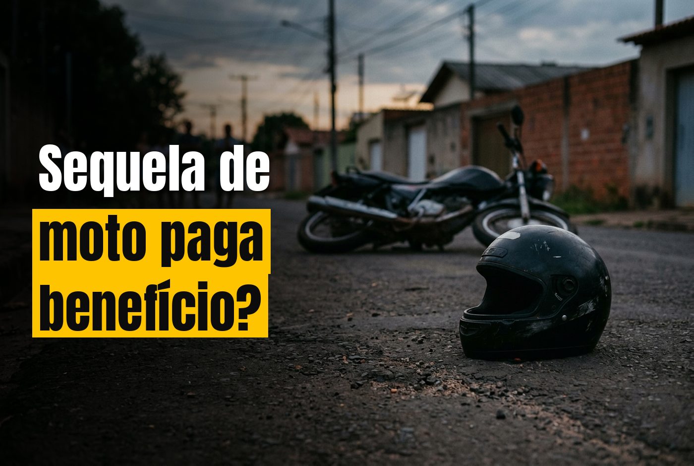 Capacete de moto caído no asfalto com a moto ao fundo desfocada, no fim da tarde, logo depois de um acidente
