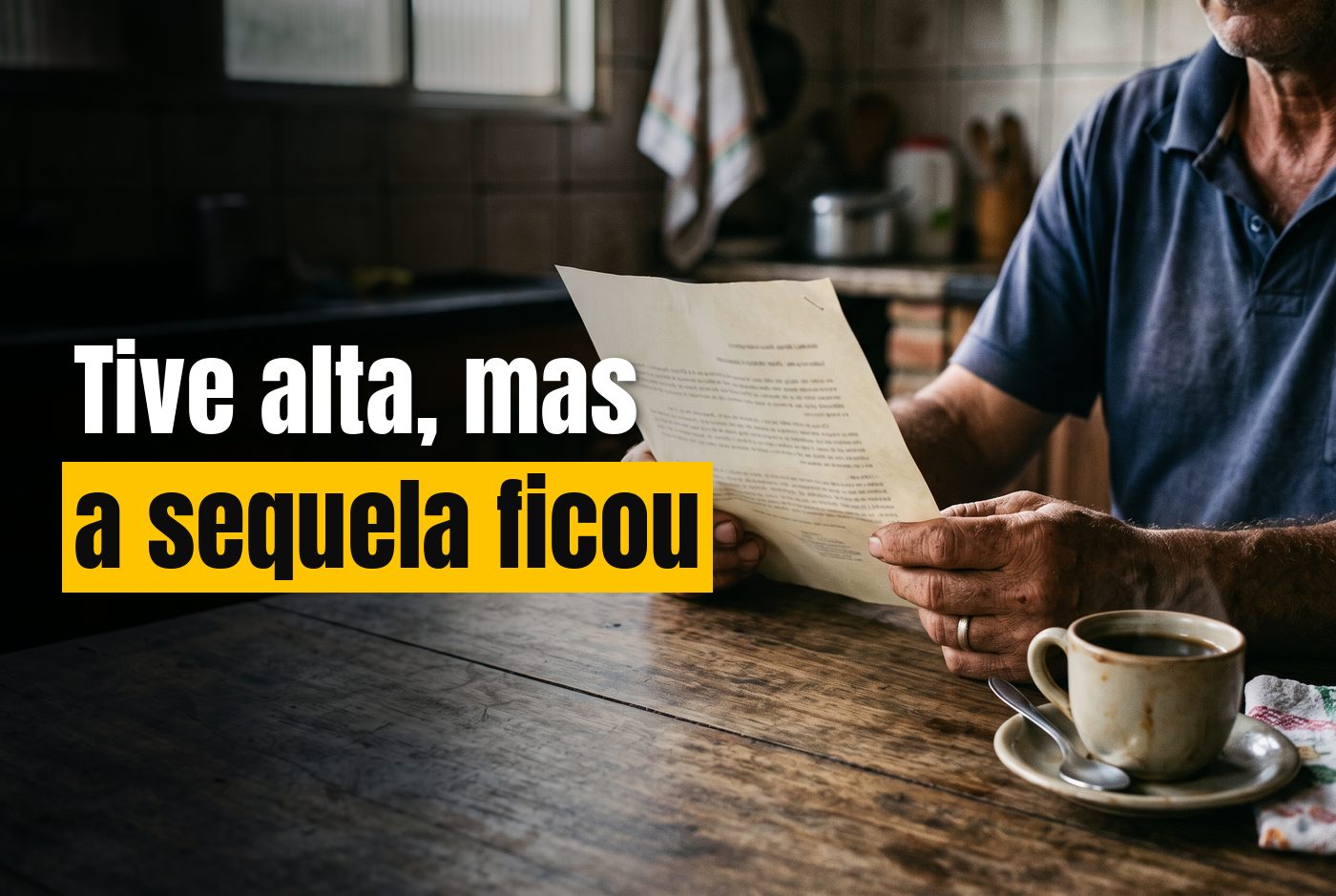 Mãos de um homem segurando uma carta impressa do INSS sobre a mesa da cozinha, ao lado de uma xícara de café