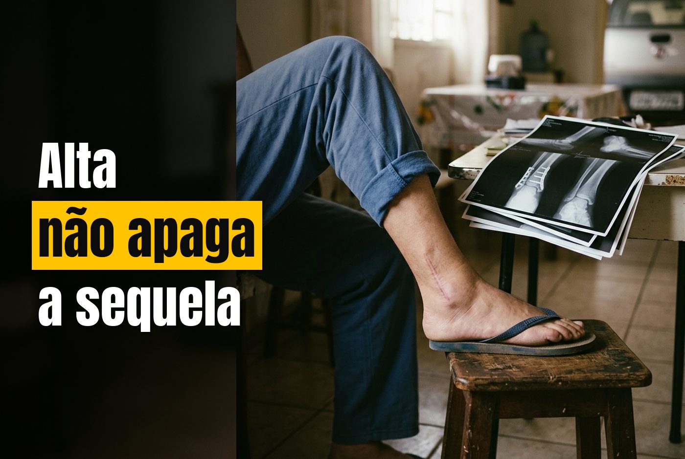 Perna de um homem com cicatriz cirúrgica no tornozelo apoiada num banquinho em casa, ao lado de exames de raio-x