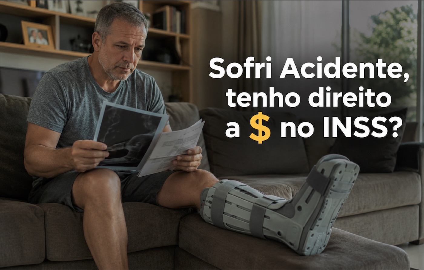 Homem com bota ortopédica sentado no sofá, analisando exames e papéis do INSS