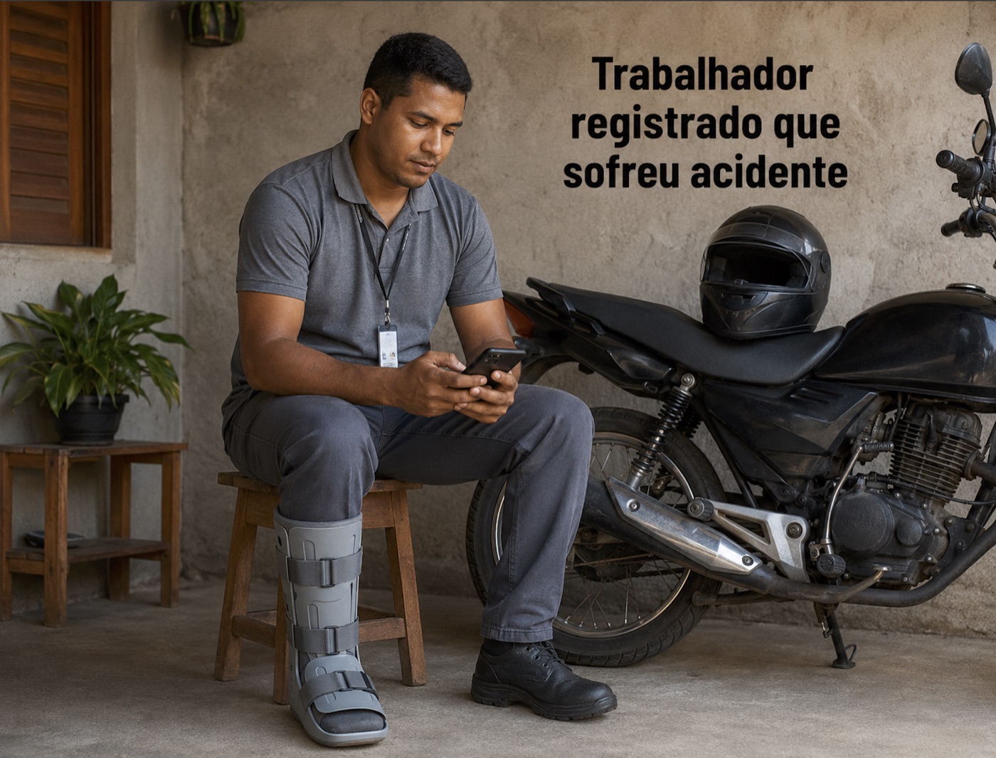 Trabalhador registrado com bota ortopédica sentado ao lado da moto que usa para ir ao trabalho, olhando o celular