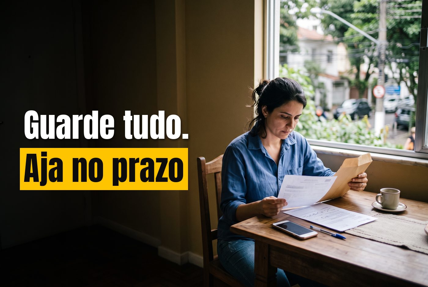 Mulher à mesa da sala, à luz da janela, conferindo o envelope e o documento de trânsito com o celular ao lado