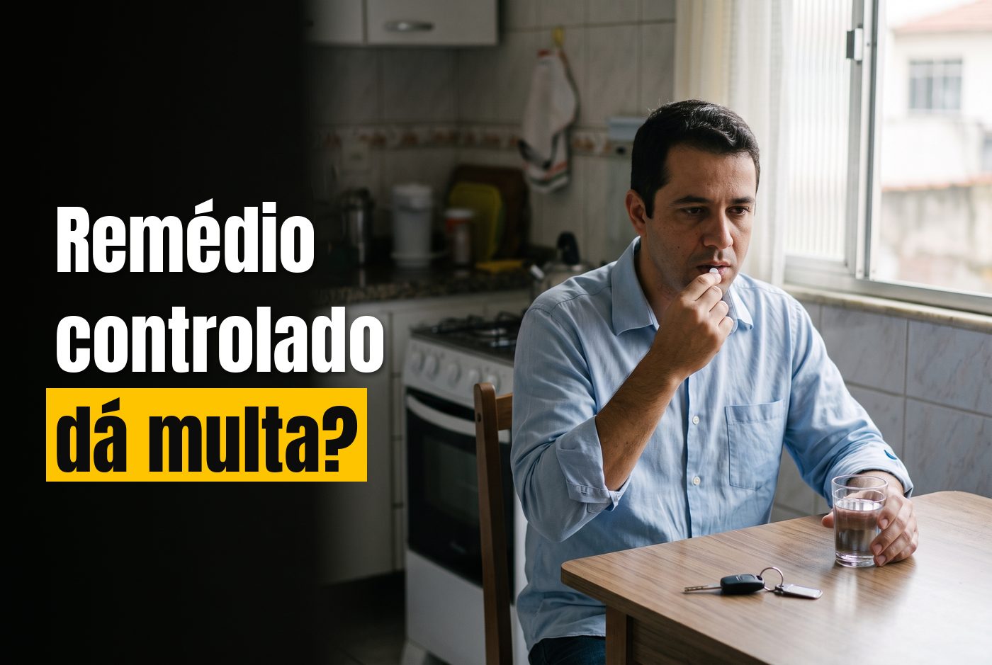 Homem de camisa social tomando um comprimido com um copo de água na cozinha pela manhã, com a chave do carro sobre a mesa