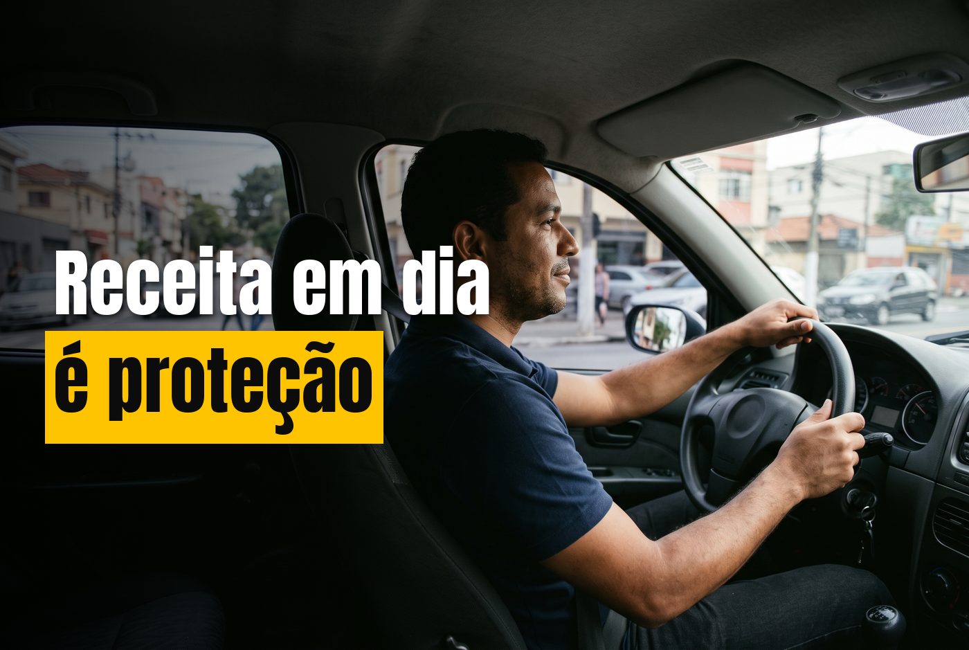 Motorista de uns 40 anos dirigindo tranquilo de dia em uma via urbana, com as mãos no volante e expressão serena