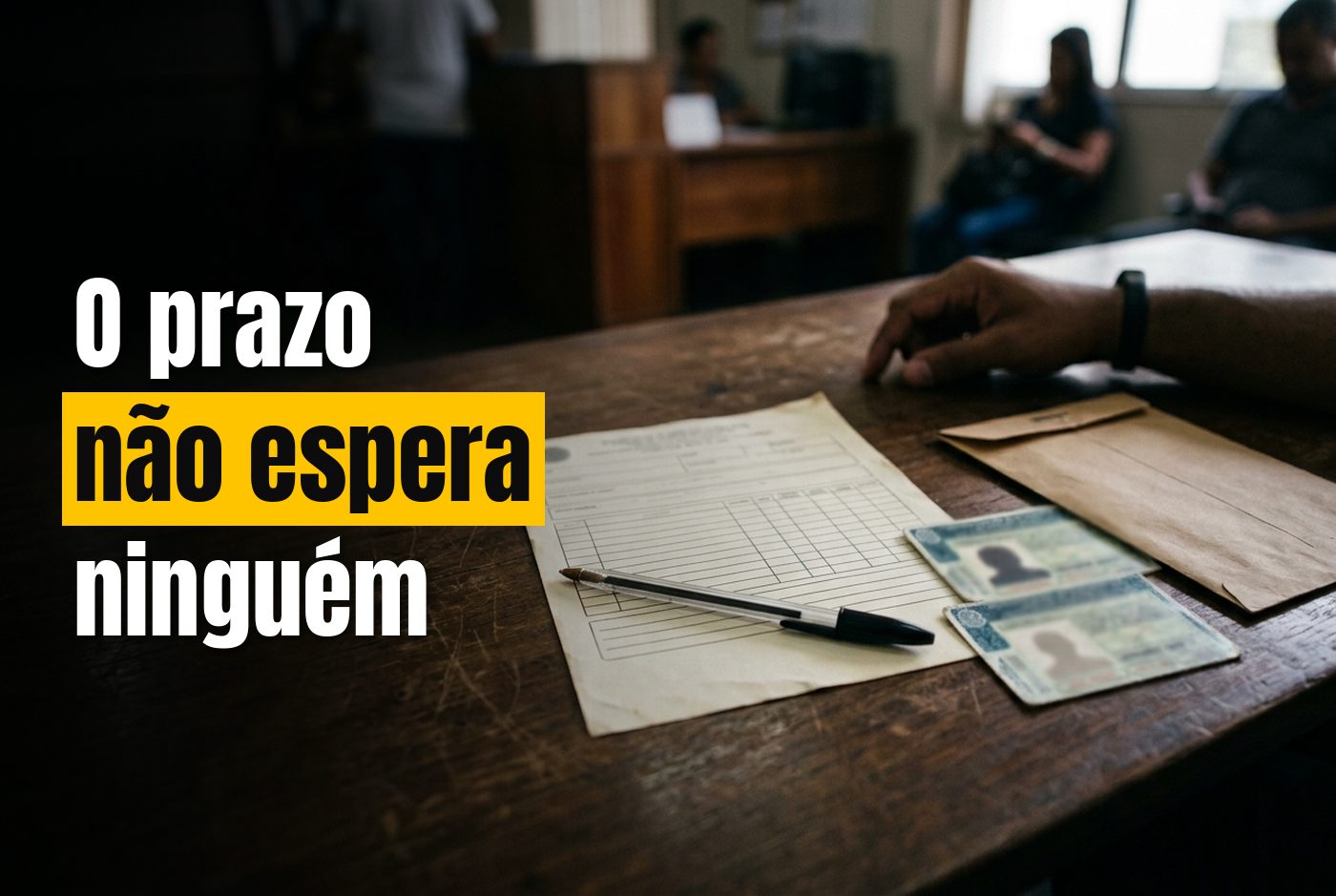 Formulário de indicação de condutor sobre a mesa com uma caneta, ao lado de duas CNHs e um envelope, vista de cima