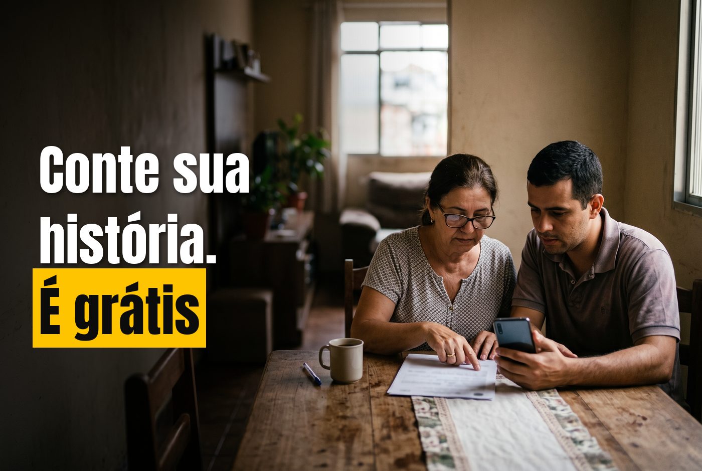 Duas pessoas da mesma família sentadas à mesa conferindo juntas a notificação de multa e o celular