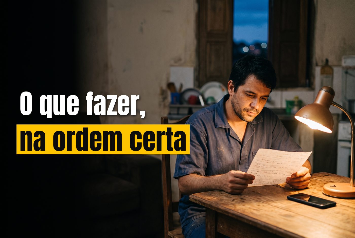 Homem de camisa de trabalho sentado à mesa de casa no fim do dia lendo uma notificação de trânsito à luz da luminária