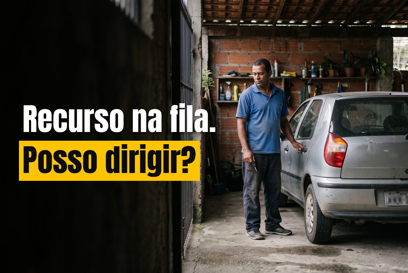 Homem parado ao lado do carro na garagem de casa, com a chave na mão, em dúvida se pode dirigir com o recurso pendente