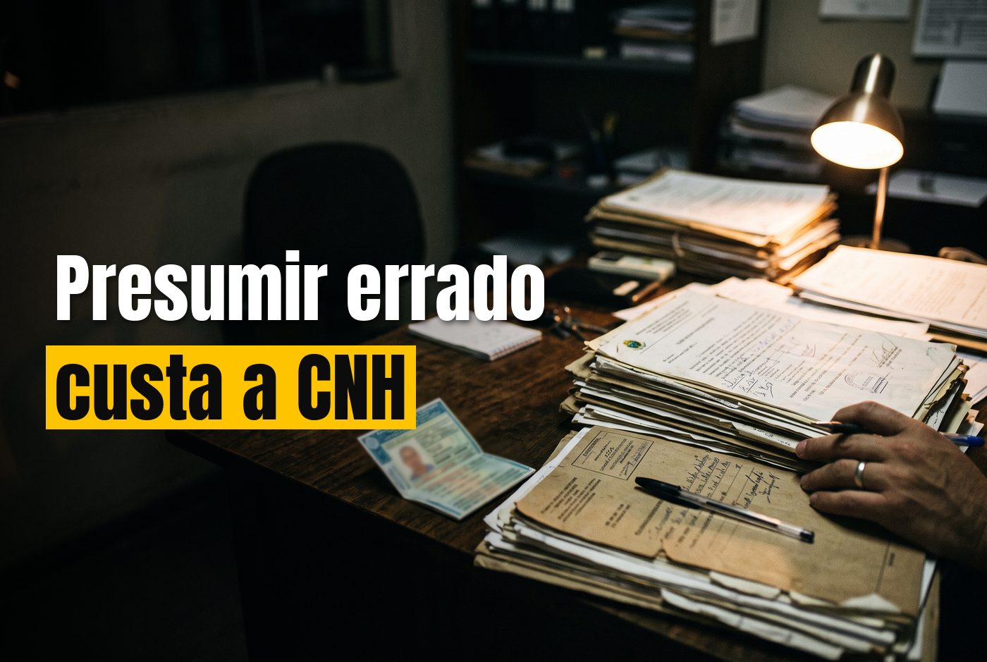 Pilhas de documentos de um processo administrativo de trânsito sobre a mesa, ao lado de uma CNH, à luz de uma luminária