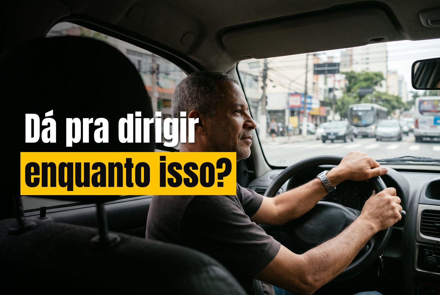 Motorista de meia-idade dirigindo tranquilo em uma avenida durante o dia, visto do banco do passageiro