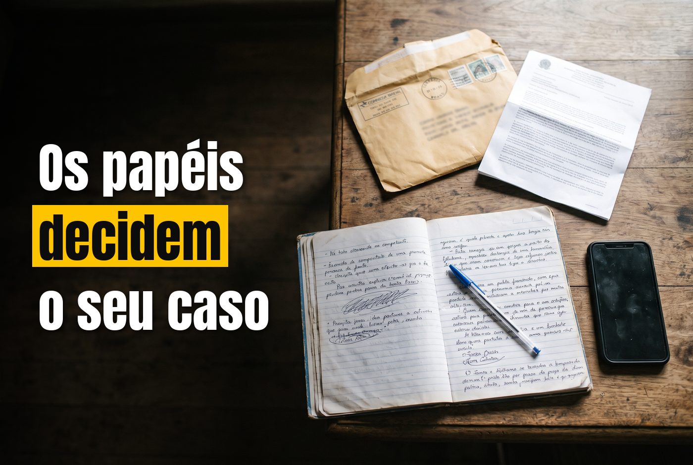 Mesa com o envelope da notificação, a carta impressa, um caderno de anotações e o celular, vista de cima