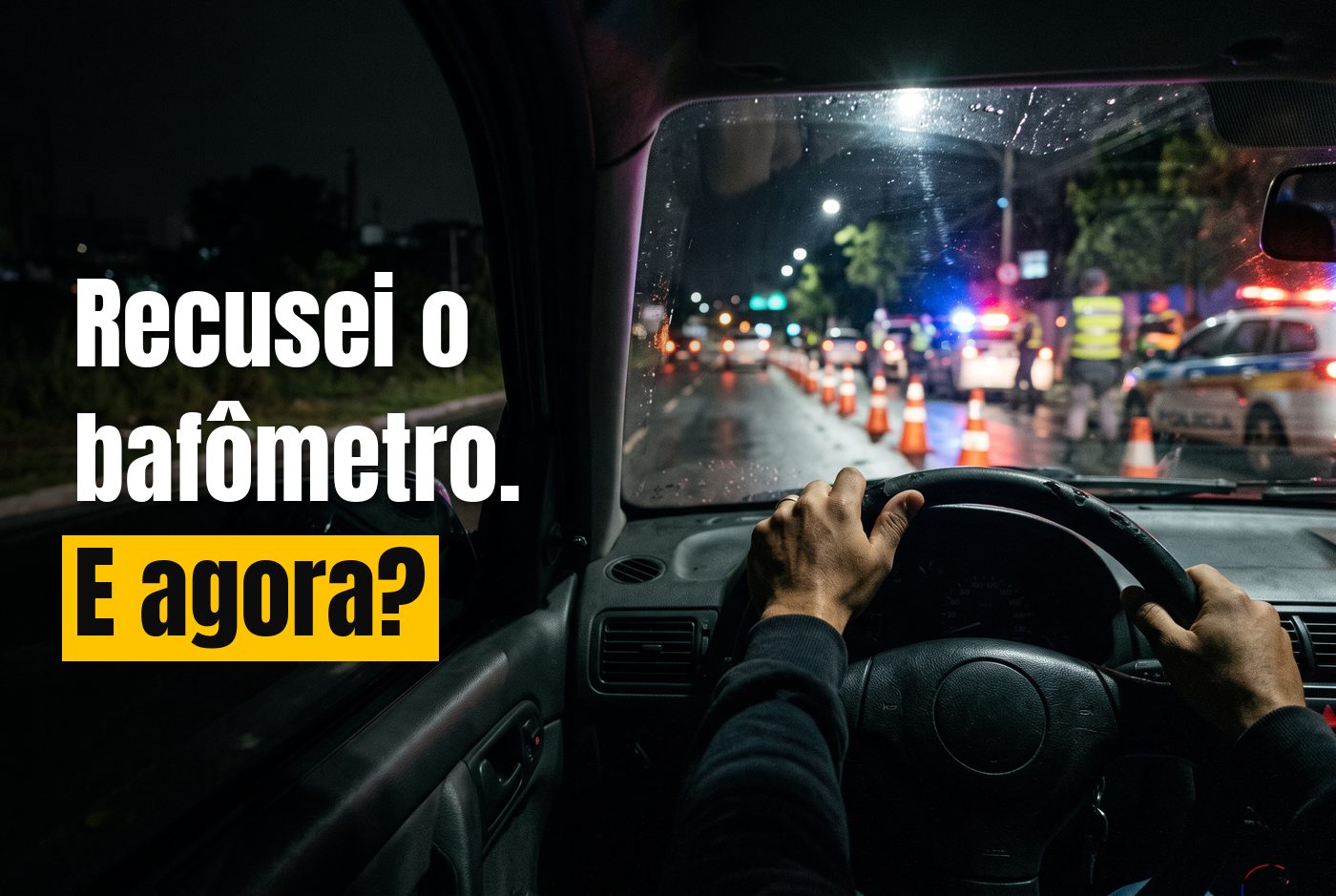 Mãos de um motorista no volante à noite, com os cones e as luzes de uma blitz desfocados à frente