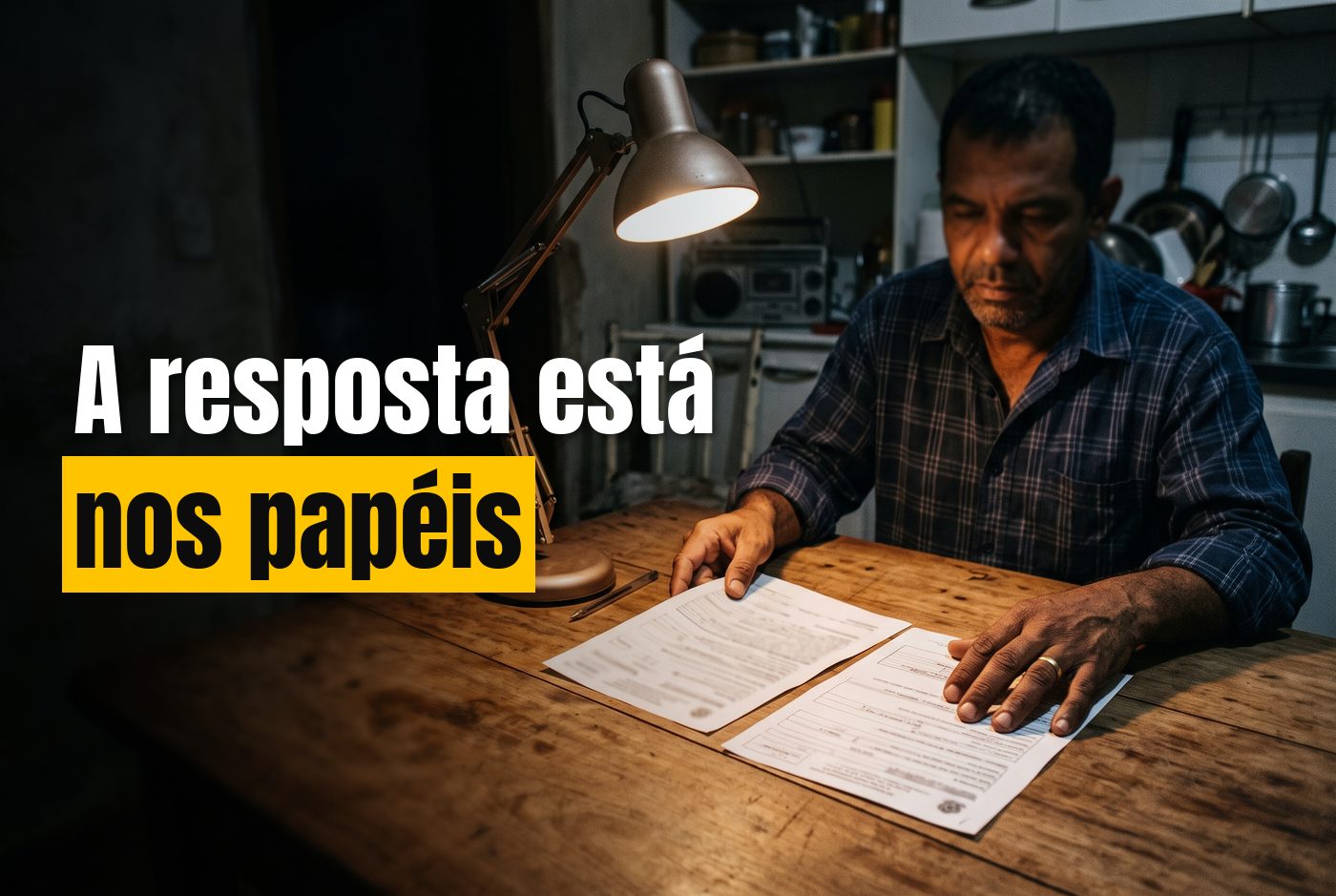 Mãos de um homem comparando dois documentos de autuação sobre a mesa de casa, à luz de uma luminária
