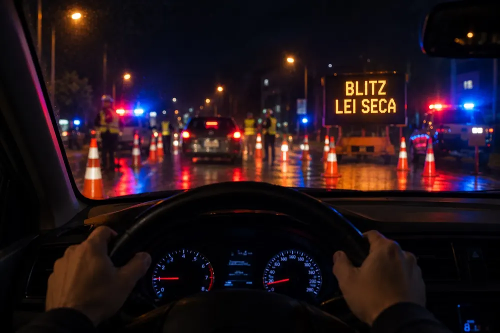 Blitz da lei seca vista de dentro do carro, com cones e painel luminoso